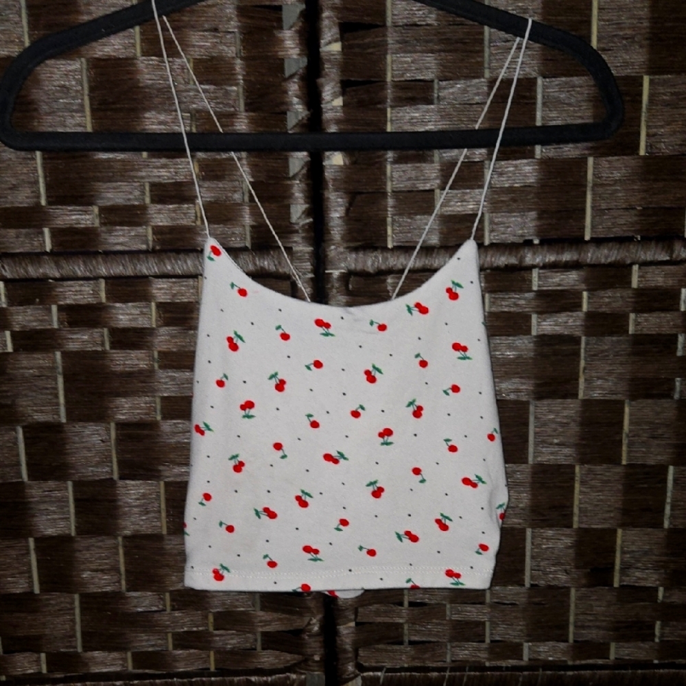 White and Red Cherry Print Camisole Crop Top